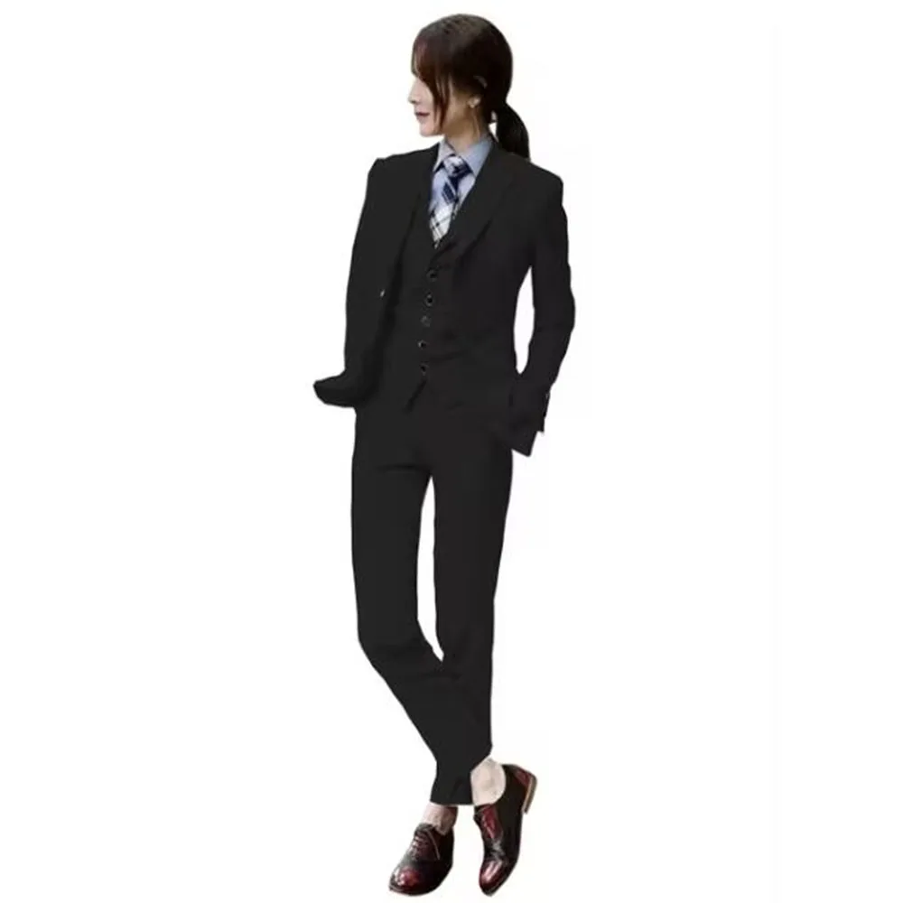 Completo da lavoro 3 pezzi (Blazer + gilet + pantaloni) per donna set di giacche con risvolto con visiera Beige Slim Fit per ufficio