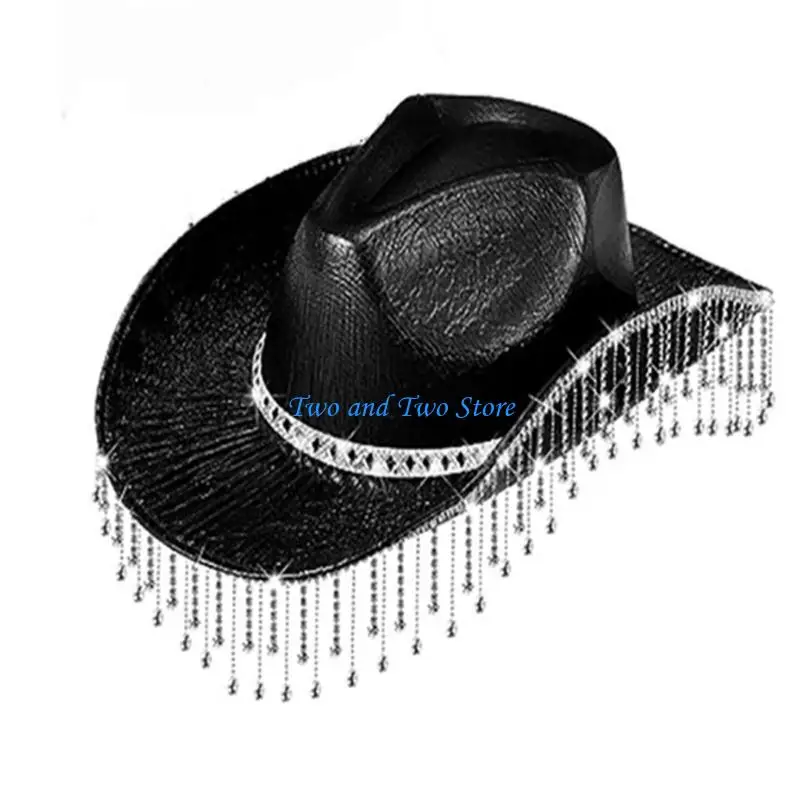 

HX6F Womens Rhinestones Cowgirl Hat Glitter Bling Diamond Fringe Cowboy Hat for Party Music Festival Wide Brim Hat