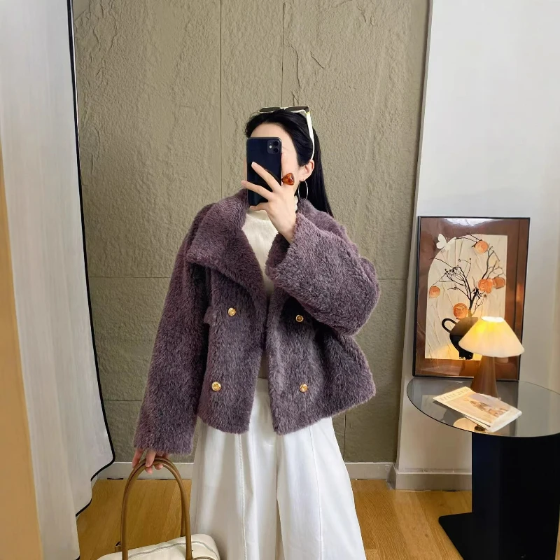 

New Double-breasted British-style Stand-up Collar Faux Mink Velvet Thickened Loose Faux Fur Warm Jacket for Women 2026 Winter