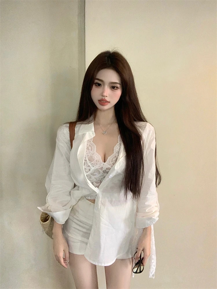Women's Pure Desire Style Sun Protection Shirt Coat Slim Fit Inner Lace White Two-Piece Set Fashionable Casual Wear