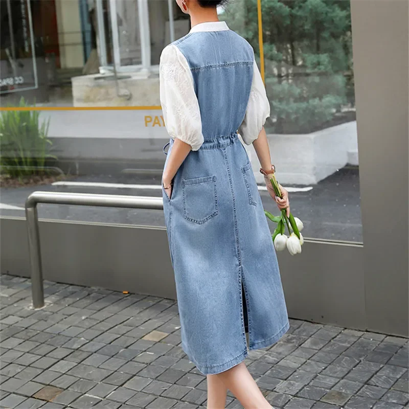 ฤดูร้อนบางชุดยีนส์สีฟ้าผู้หญิงสายรัดเอวลูกไม้ขึ้นยืนปกกระดุมแถวเดียวแขนสั้นความยาวกลางชุดคาวบอย