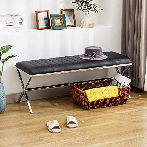 

Duhome End of Bed Bench,Modern Entryway Bench Faux Leather Upholstered Dining Bench,Vanity Bench with Metal X Legs, Leather Tuft