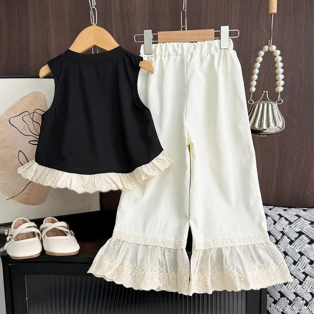 Summer New Fashion Girls' Clothing 3-7 Years Old Korean Lace Splicing Children's Set Bow Decoration Black Tank Top+Casual Pants