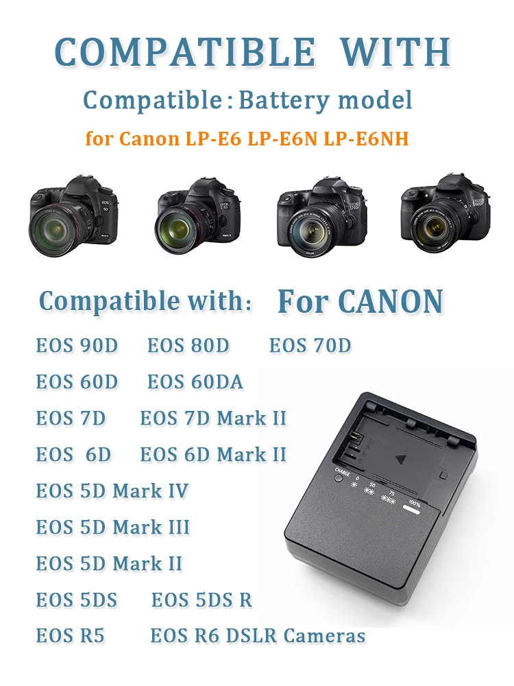 Ładowarka LP-E6 LP-E6N LC-E6 pasująca do aparatu Canon: kompatybilna z akumulatorem LP-E6NH LC-E6E EOS R Ra R5 C R6 R7 DSLR 60D 60DA 70D 80D