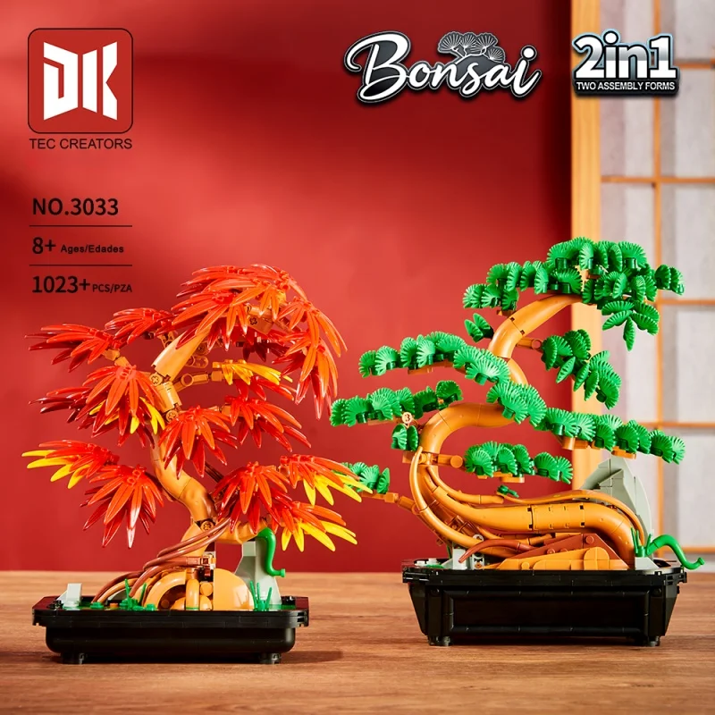 

1023 шт. комплект строительных блоков 2-в-1, гостевая сосна/клен, двойная форма в горшке, украшение из кирпичей своими руками, креативное украшение для рабочего стола