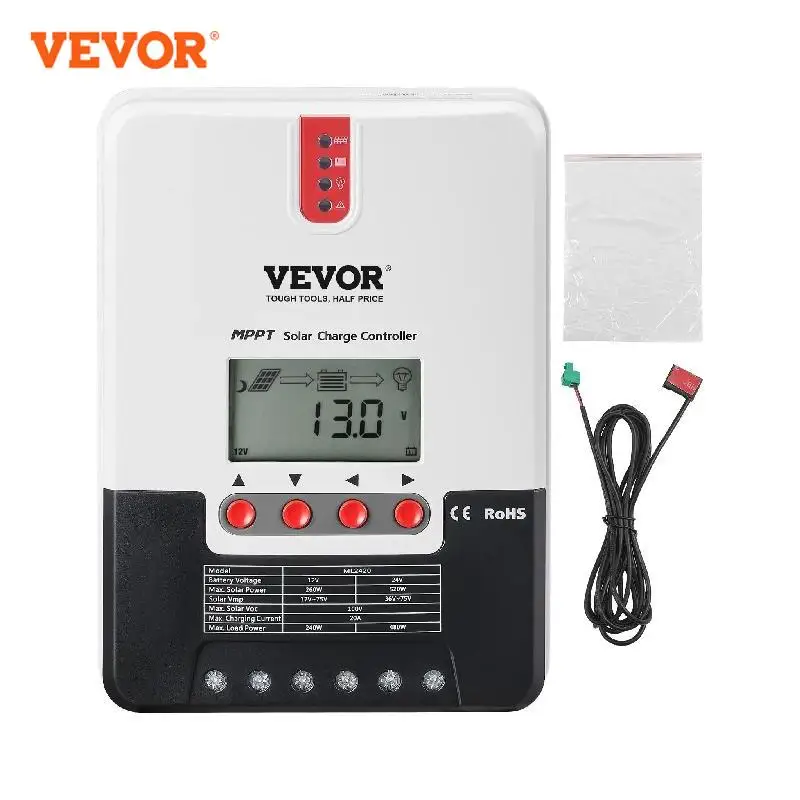 

VEVOR 20A MPPT Solar Charge Controller 12V/24V Auto DC Input LCD Display Temperature Sensor Cable for Lithium Battery Charging