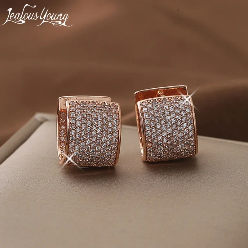 Double Rose Gold Color Hoop Earrings Sided Cubic Zirconia Set with Zircon Design Dimension Earings for Ladies Jewelry Gift עגיל