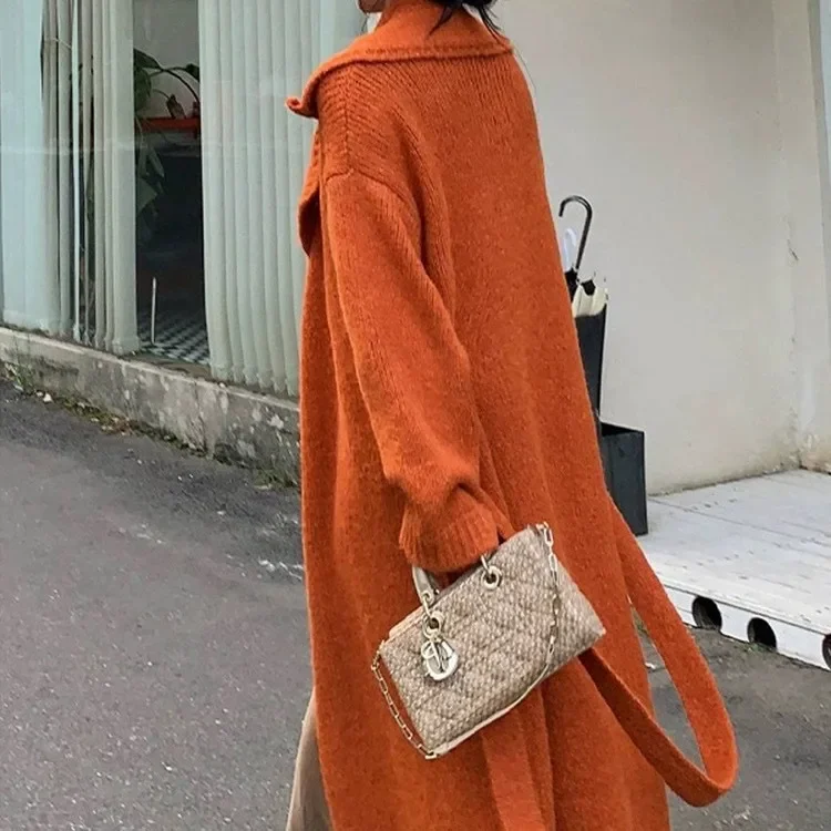 SuperAen Europa und Amerika Stil Orange Lange Pullover Mantel Damen Herbst und Winter Verdickte Lose Strickjacke Mäntel