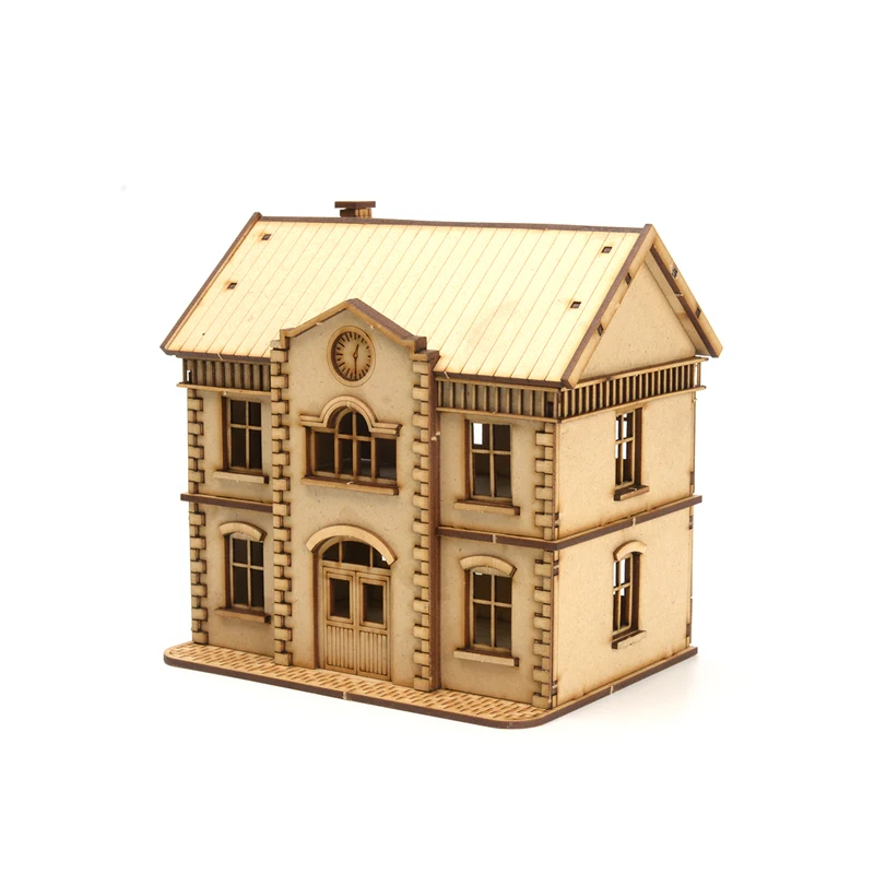 โมเดลอาคารสำนักงานสองชั้นสไตล์ยุโรป ขนาด 1/72 ทำจากไม้ ประกอบเอง ของขวัญงานฝีมือ DIY