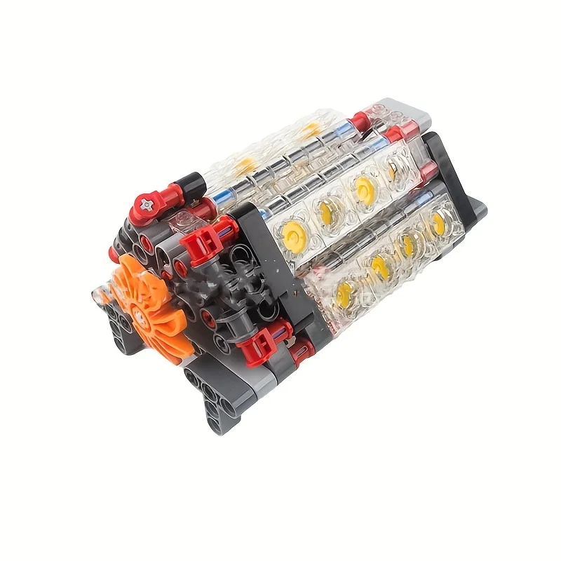 

V16 engine transparent 1 set, MOC compatible 6-speed gearbox engine combination building block model adult toy, (pure building b