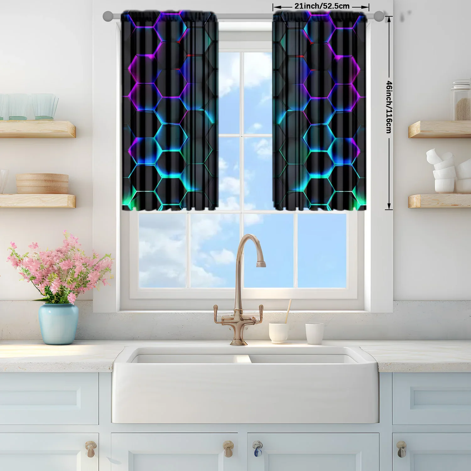 2pcs Futurism Hexagonal Art Printed Curtain for Home Decor - Rod Pocket Window Treatment for Bedroom,Office,Kitchen,Living Room