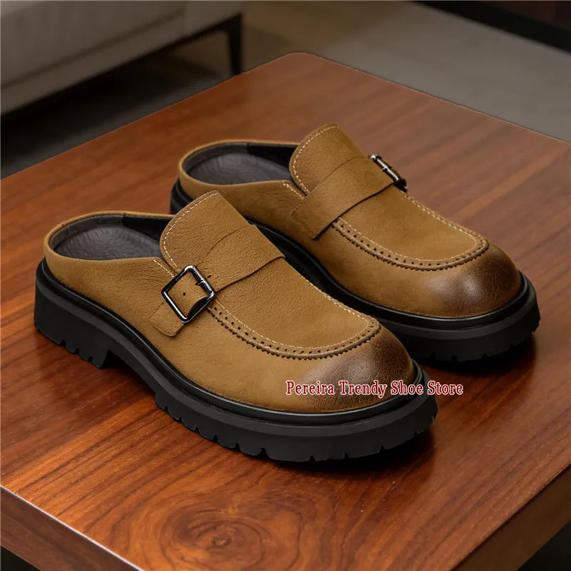 Men's Retro Cowhide Thick Soled Half Slippers British Style Trendy Metal Buckle Genuine Leather Business Casual Shoes Large Size
