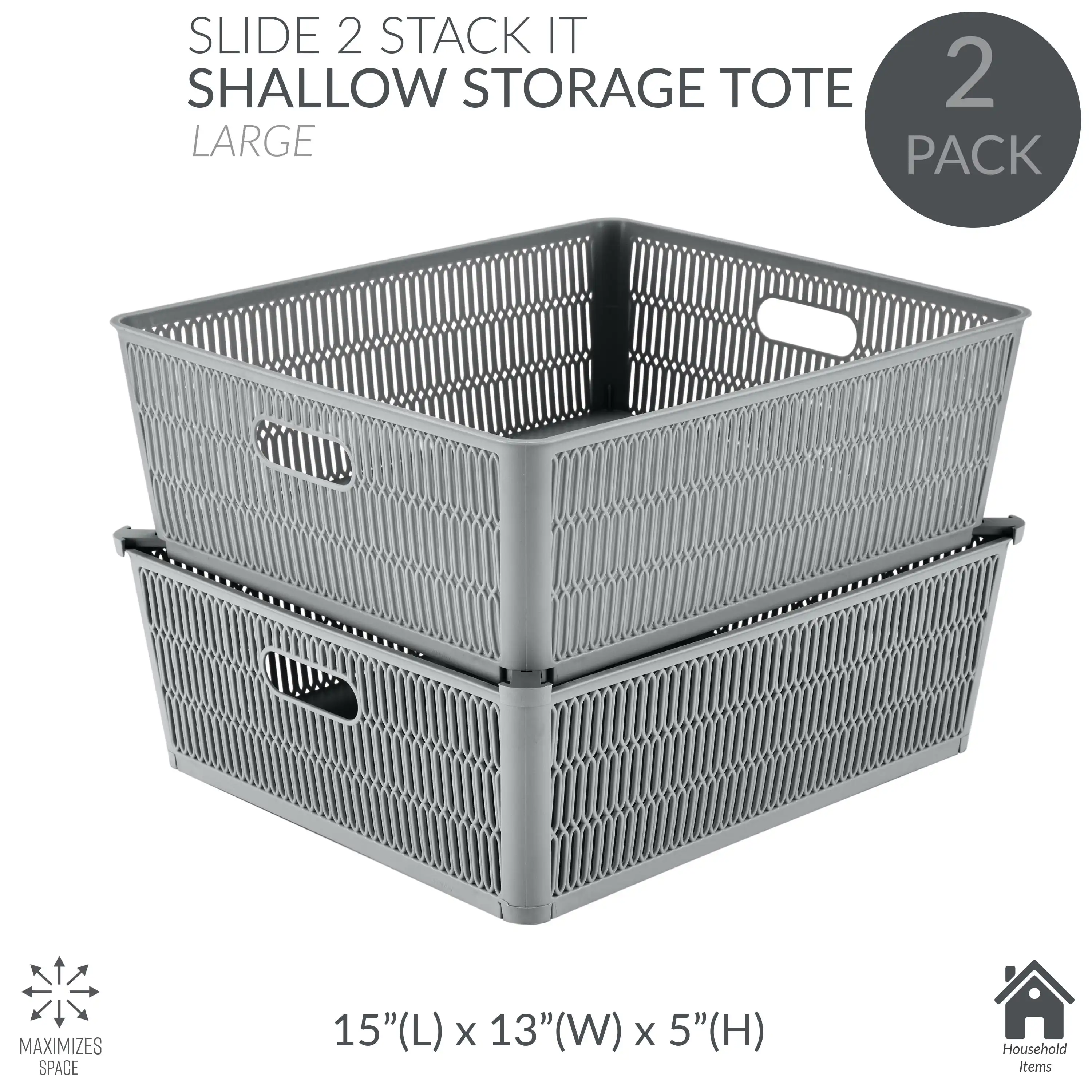 4er-Pack Slide 2 Stack It Shallow Plastic Storage Basket Tote in Grau