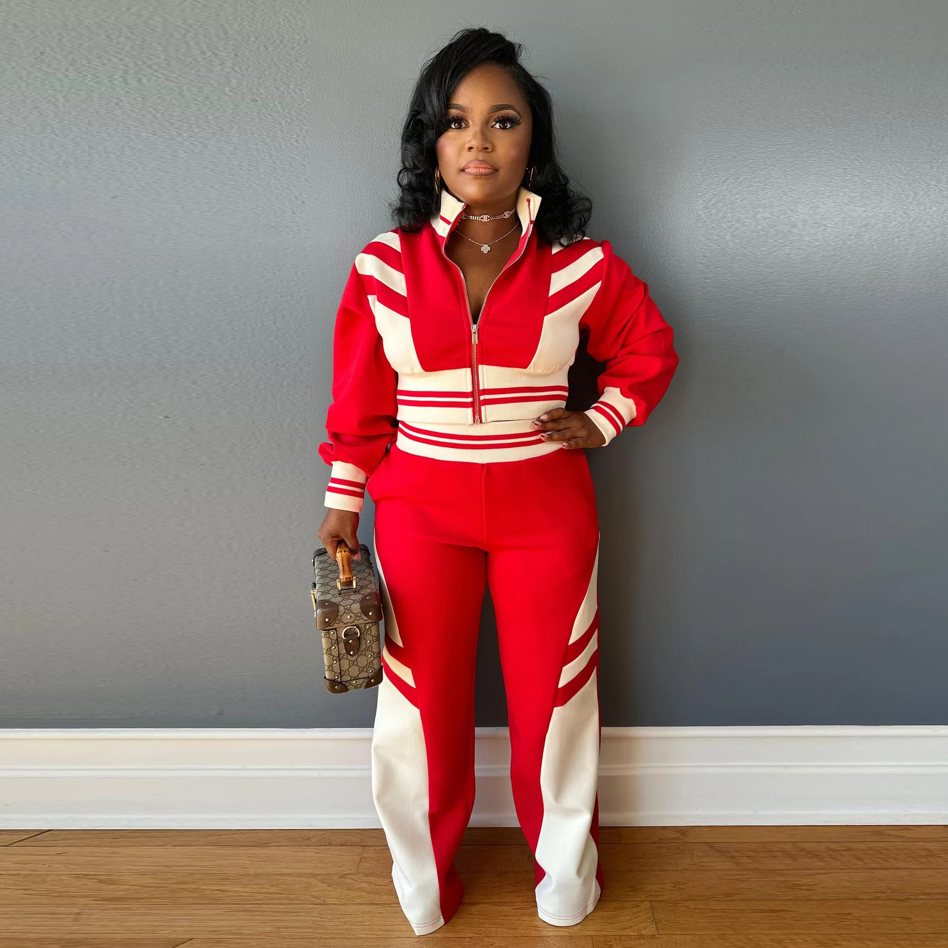 Fashion Women Tracksuit 2piece Set Lounge Wear Outfit Patchwork Zip Up Jacket and Straight Pants Matching Streetwear Track Suit