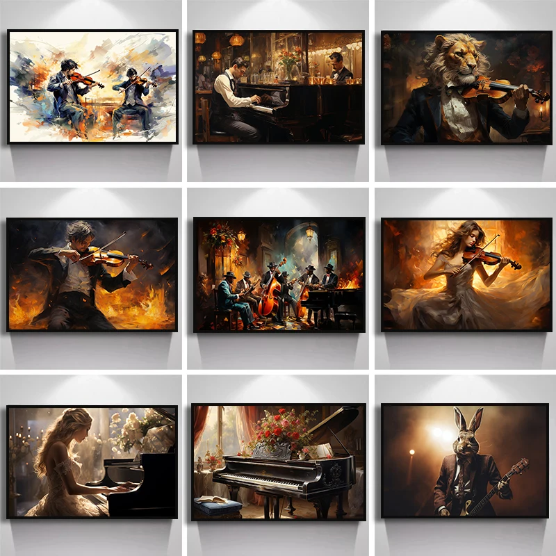 Bunte Violine Musik Frau Mann spielen Klavier Gitarre Band Poster Leinwand Malerei Figur Wand Kunst Bild für Wohnzimmer Wohnkultur