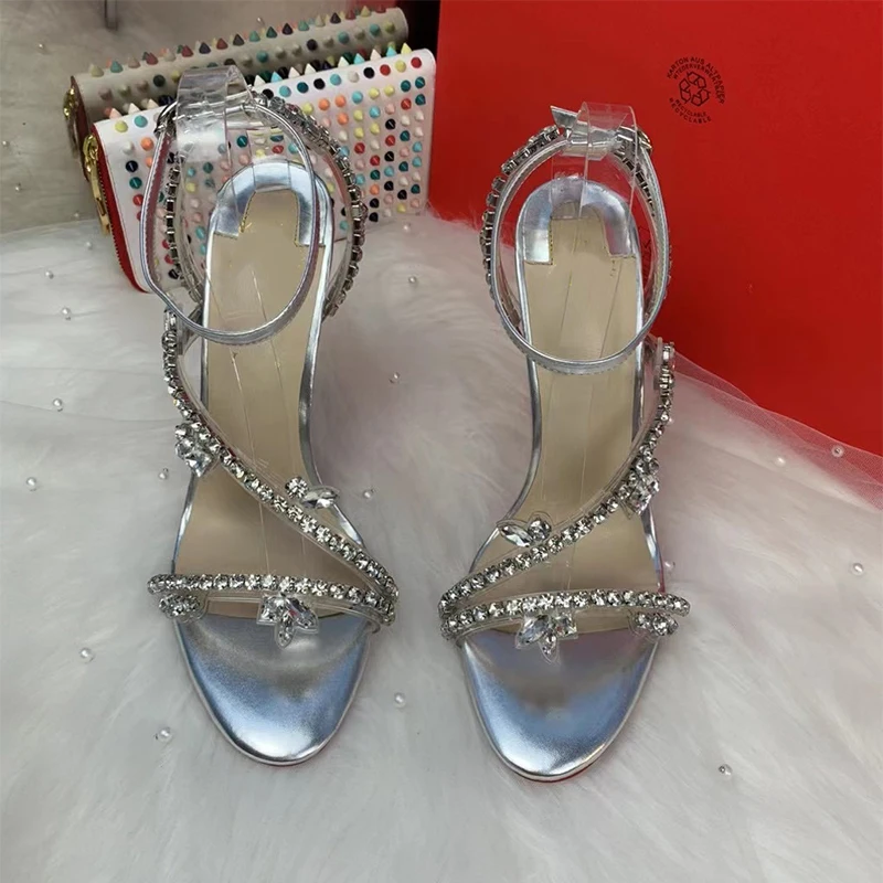 2023 New Sweet Crystal Chain Silver Color 12cm 10cm 8cm Thin High Heels Women Fashion Sandals Shoes