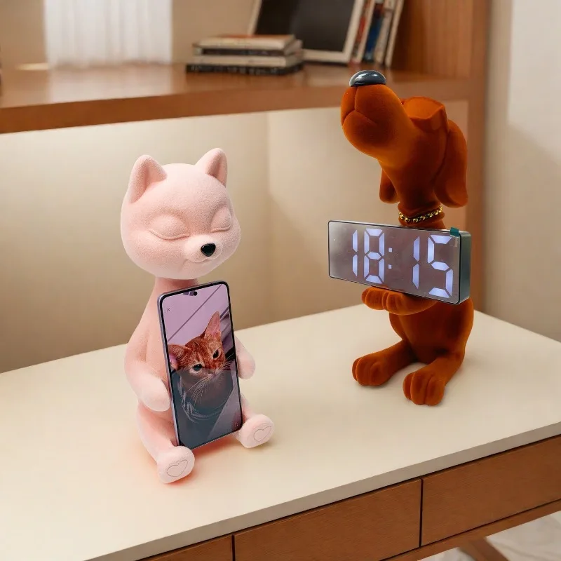 Flocked Pink Cat Cell Phone Holder Cute Animal Statue Tabletop Smartphone Stand Home Office Decor Display Ornament