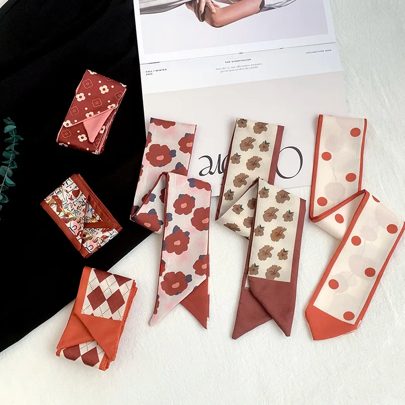 

Premium Korean Style Red Long Narrow Silk Scarf Women Versatile Hair Tie Bag Wrap Floral Decorative Ribbon Soft