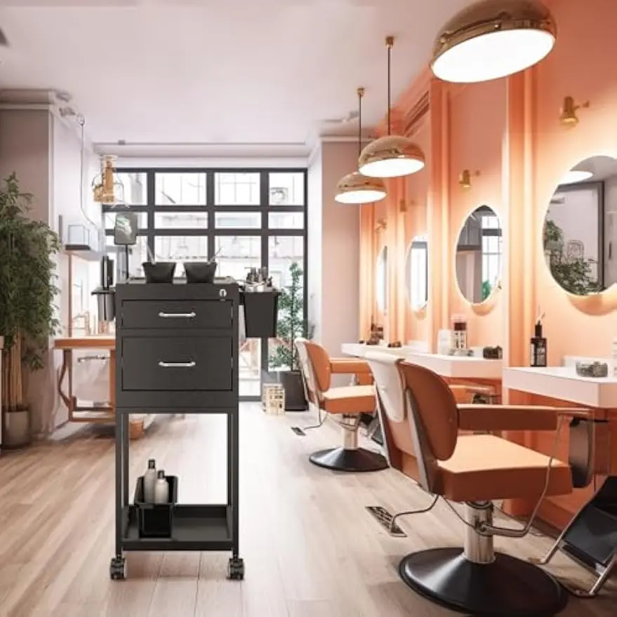 Lockable Metal Salon Cart Rolling Work Station Wheels Sturdy Tool Organizer Magnetic Bowls Hair Stylist Tattoo Barber