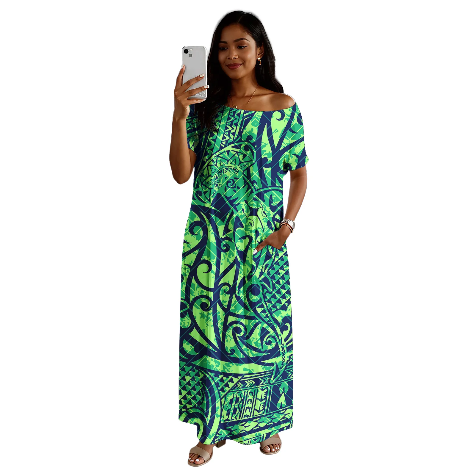 2026년 신상 디자인 맞춤 여성 의류 콜드 숄더 사모아 폴리네시아 캐주얼 여성 스커트 하와이안 여성 비치 드레스