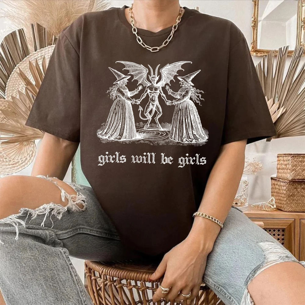 Girls Will Be Girls Witch Shirt Vintage Halloween T-Shirt Funny Feminist Tee Ironic Shirts Aesthetic Tshirt Spooky Witchy Tops