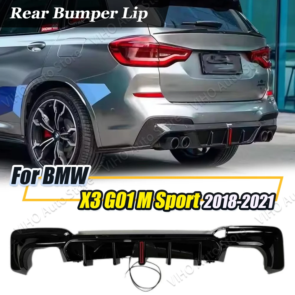 For BMW X3 G01 G08 2018-2021 Car Rear Bumper Lower Diffuser Lip Carbon Fiber Look ABS With LED Lighting Kit