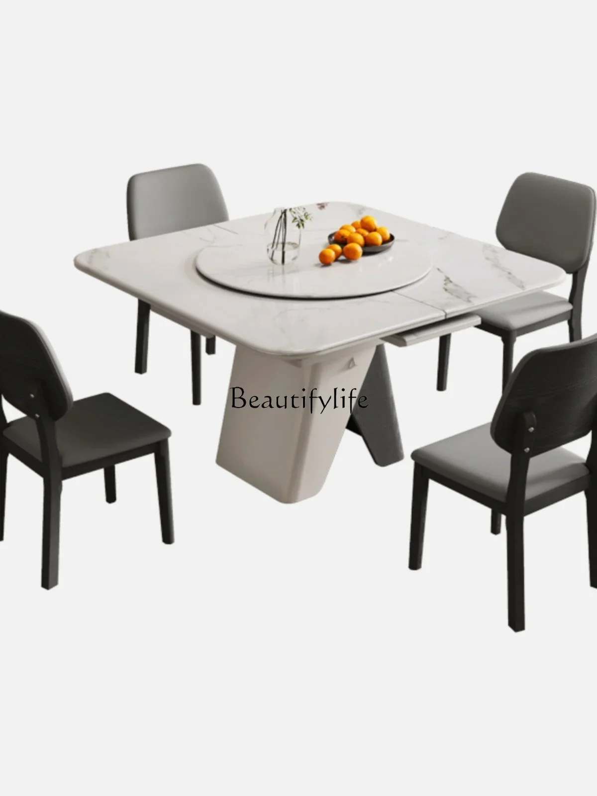 

Modern simple new rock slab dining table foldable with turntable solid wood legs