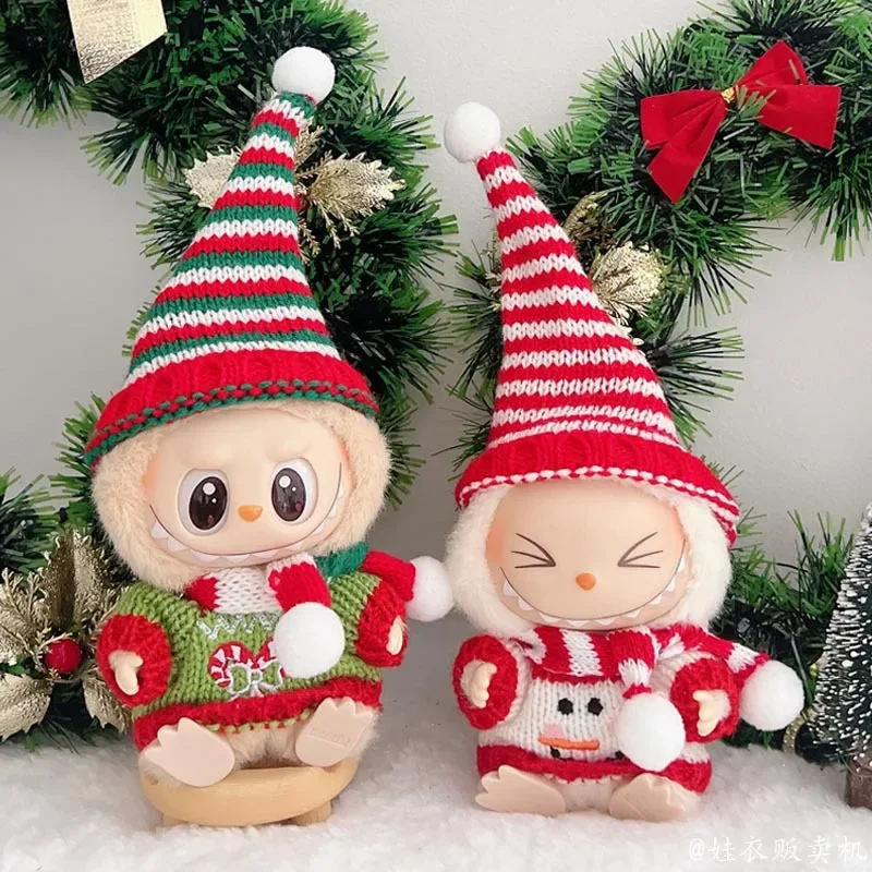 For Labubu Mini Plush Doll'S Clothes  Christmas Sweater With Hat and Scarf Set Christmas Red&Green Labubu Clothes Ropa Labubu