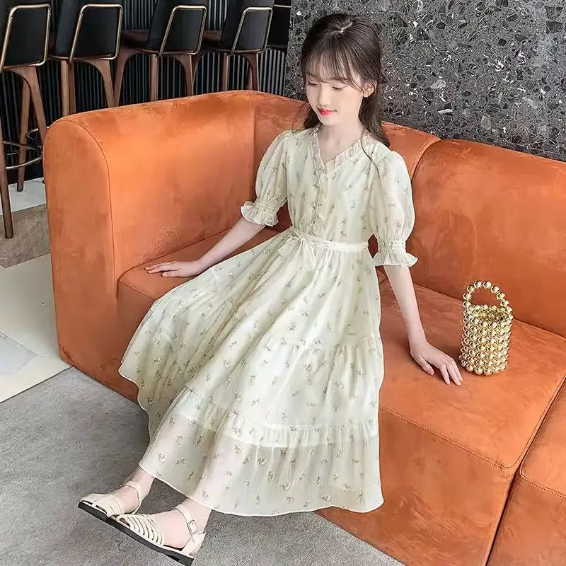 Teen Girls Dress 2024 Summer Floral Pattern Beach Long Dress For Girl Bohemia Children Chiffon Dresses Costume 6 8 10 12 14 Year