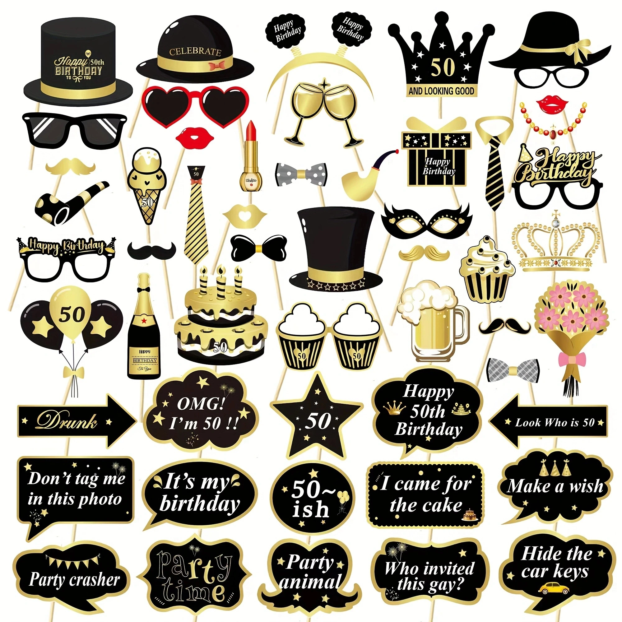 53pcs 50th Black Golden Birthday Photo Prop Set Premium Photo Booth Prop Set Party Photo Prop Set Birthday Party Supplies