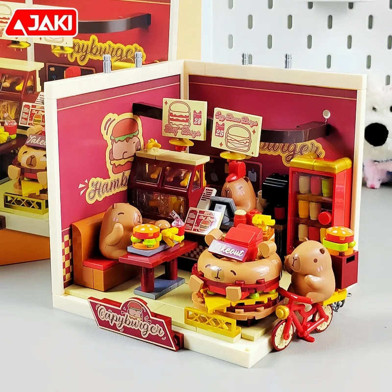 Jaki blocos de construção capivara retro combinação ornamentos em miniatura cena rua modelo lazer dos desenhos animados quebra-cabeça apresenta brinquedos