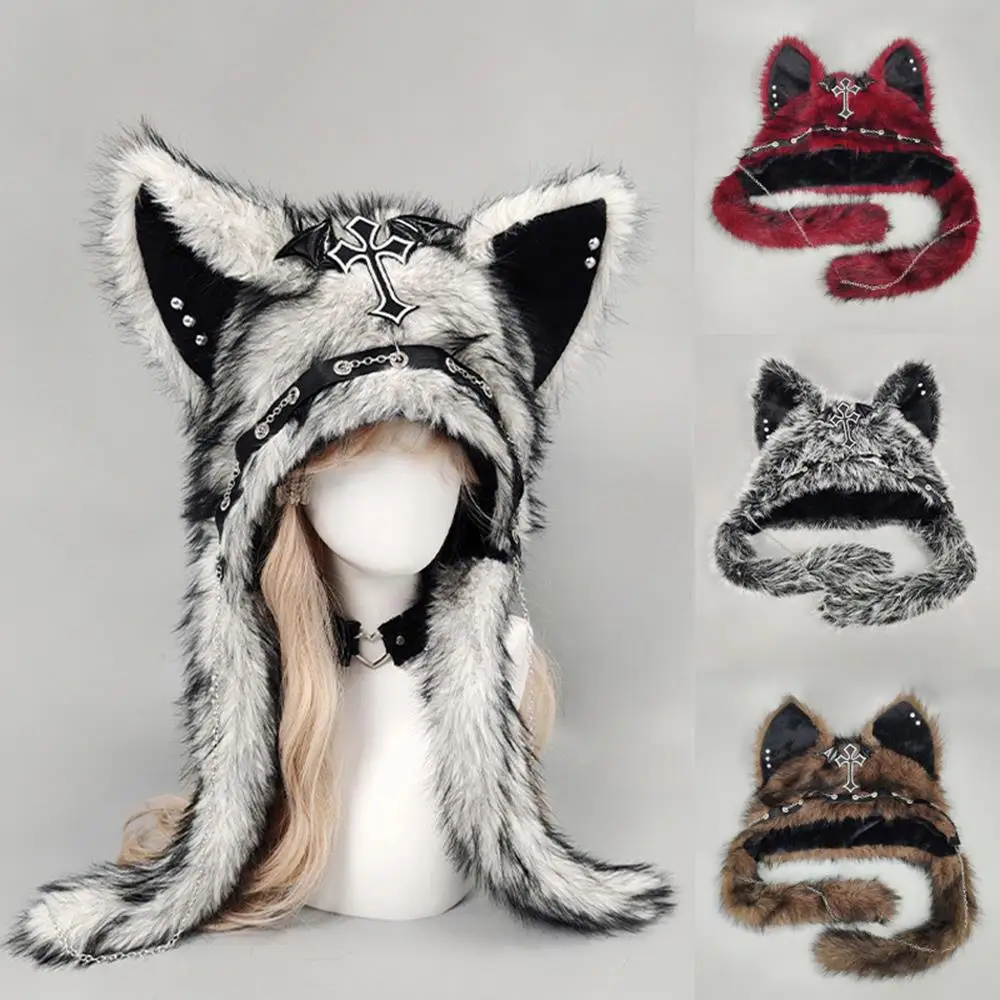 

Cute Wolf Ears Scarf Hat Winter Warm Plush Lace-up Gorros Thicken Warm Wool Women Bonnet Korea Bomber Ear Protection Hat