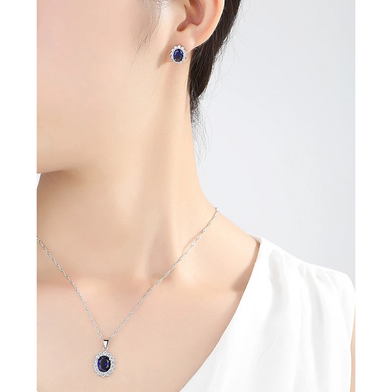 LXOEN Classic Oval Blue Crystal Jewelry Sets for Women White Gold Color Queen Style Wedding Set  Necklace and Earing Set