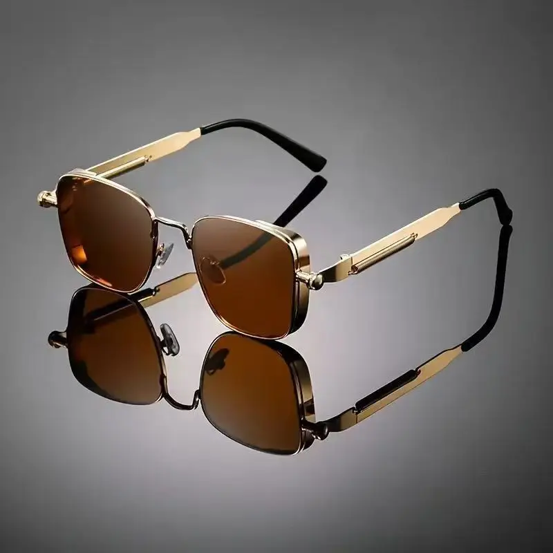 Men Driving Sunglasses Vintage Steampunk Square Sunglasses Metal Frame with Spring Hinges Women Eyepiece Trendy Driver Glasses