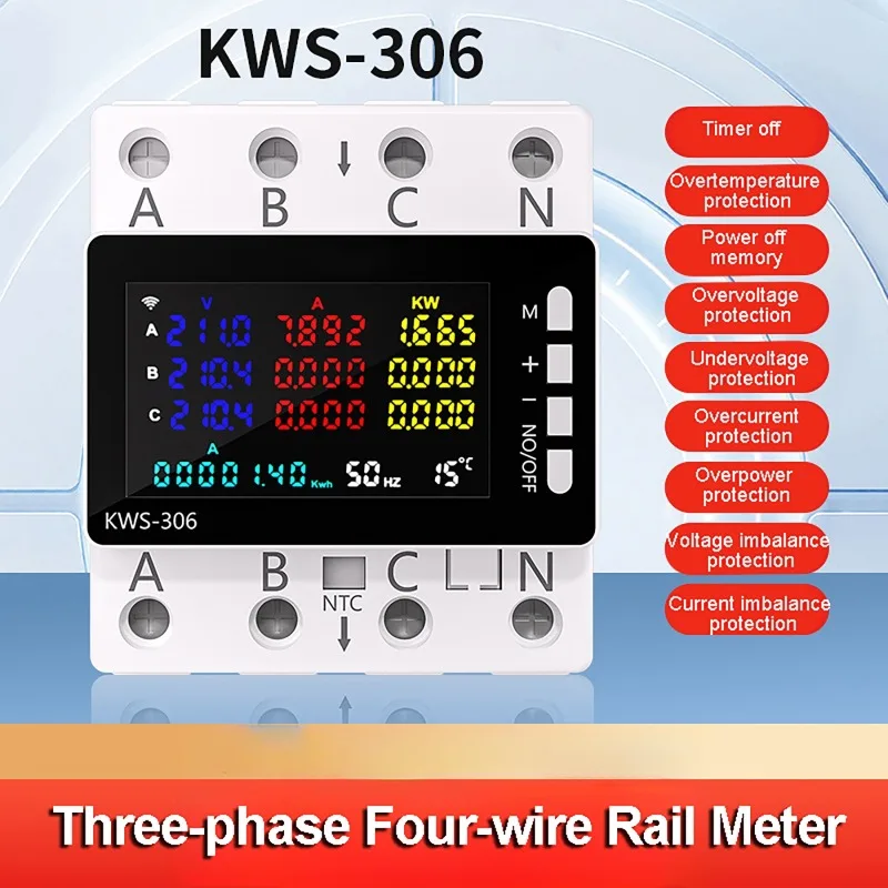 

KWS-306 3-Phase 4-Wire TUYA WiFi Power Meter Over Under Voltage Protection Relay Switch Circuit Breaker Energy kWh Meter