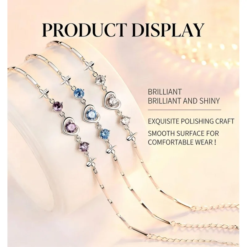 925er reines Silber Herzförmiges Halsketten- und Armband-Set für Damen, Retro-Schmuckset im koreanischen Stil mit blauen Zirkonia-Steinen