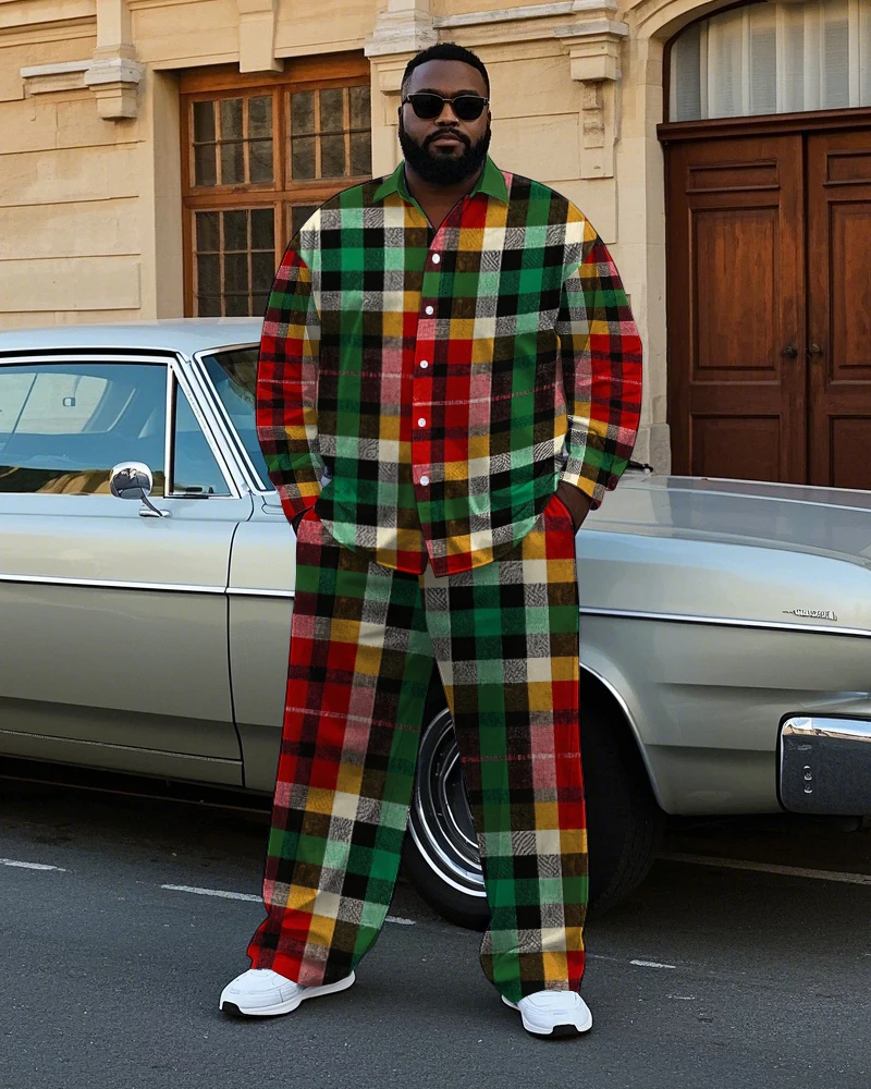 

S-9XL Big and Tall Men Colorful Patchwork Plaid Shirt & Pants 2-Piece Streetwear Set