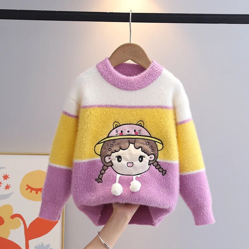 Girls' Autumn and Winter Sweater 2024 New Fleece-lined Extra Thick Mink Cashmere Knitwear Fashionable Cartoon Middle and Big Chi