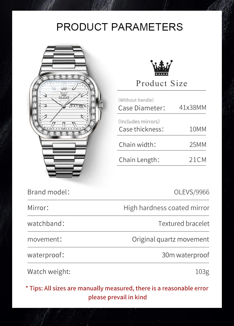 OLEVS Man Watch Nautilus Square Diamond Lap Stainless Steel Quartz Watch for Men Waterproof Luminous Men\'s Dress Wristwatch New