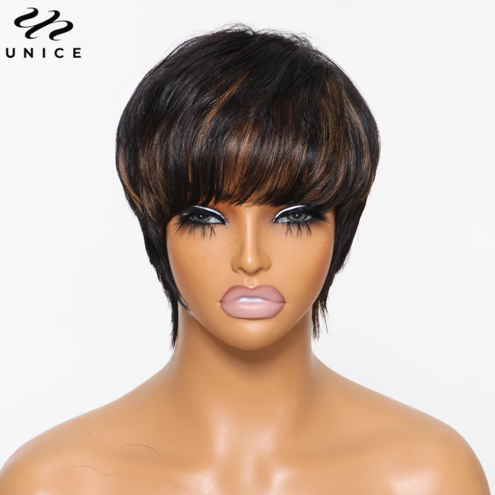 UNice Short Human Hair Wig With Bangs Mixed Brown Layered Pixie Cut Wig 100% Human Hair Full Machine Made Wig for Women