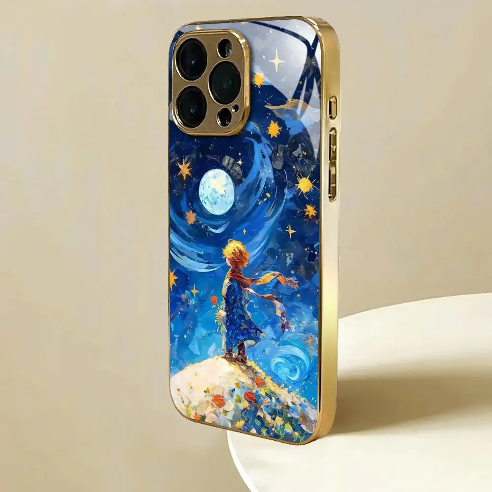 INS Mirror Rose Little Prince Phone Case For iphone 17 AIR 16 15 14 13 12 Pro Plus Max gold Electroplated glass Case view 3