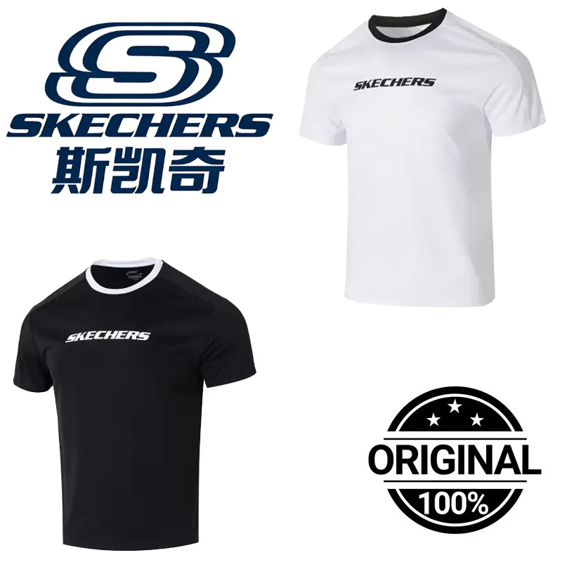

Футболки Skechers с контрастным воротником и короткими рукавами реглан P225U124-0019/03K8, повседневные спортивные футболки с логотипом