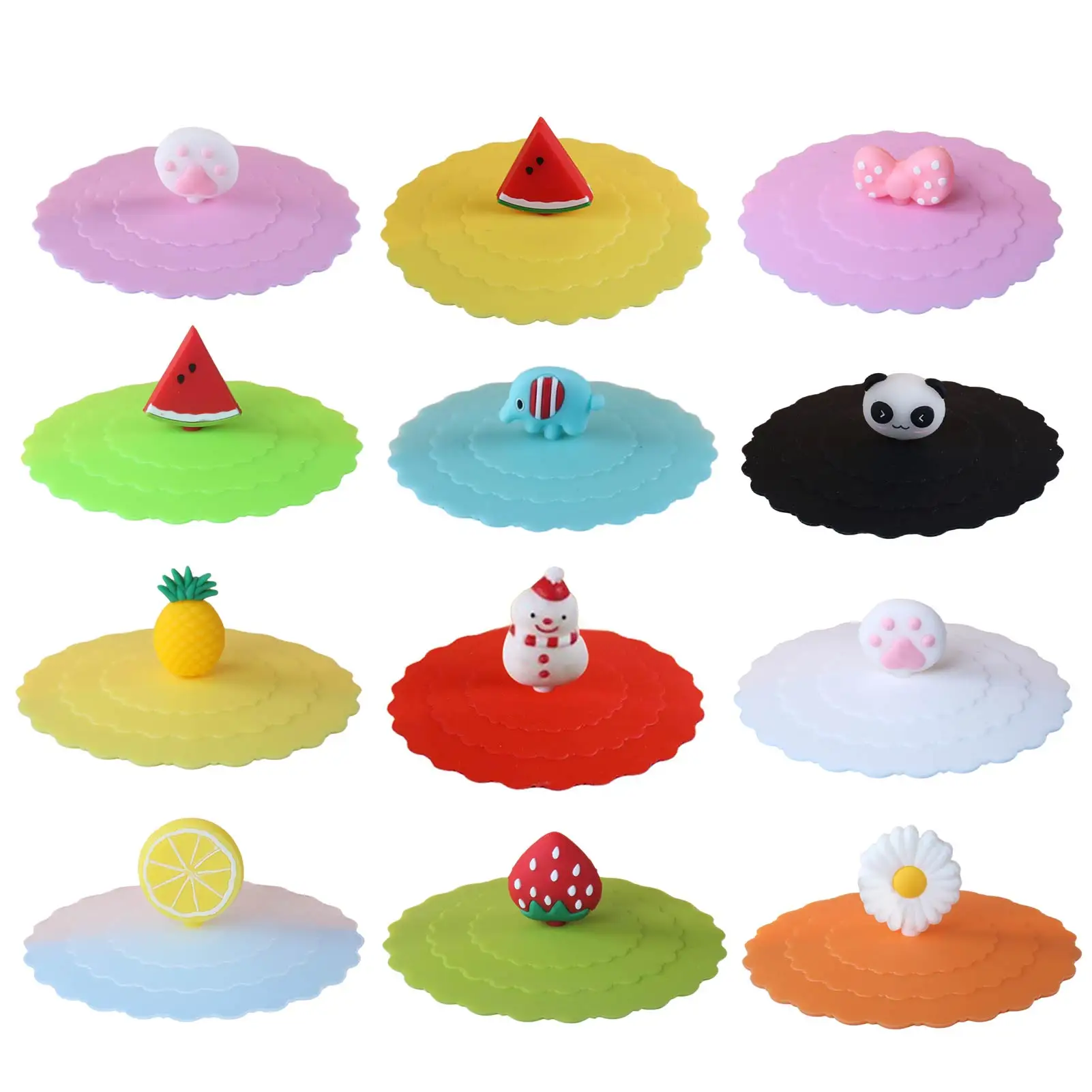 8pcs Silicone Cup Lid Reusable Silicone Cup Cover Set Dustproof Cute Fruit Animal Pattern Silicone Cup Lid