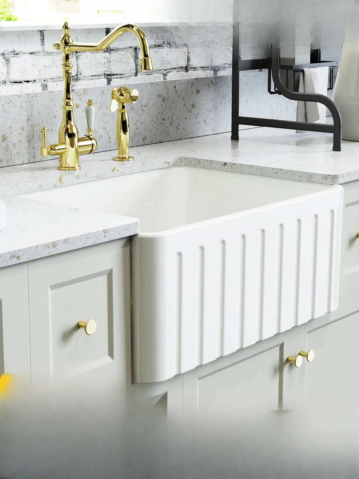 24 inch Fireclay modern farmhouse kitchen ceramic sink, white front semi embedded vegetable wash basin, straight edge