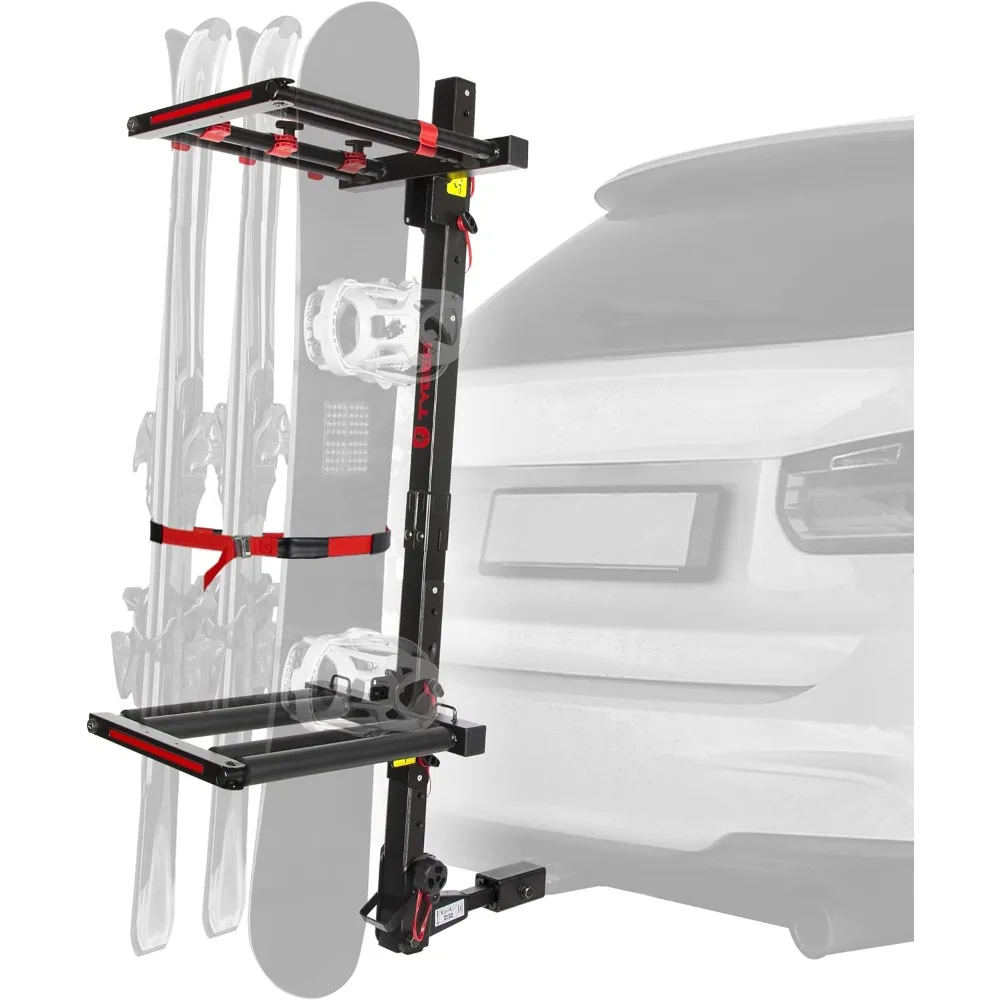 

Folding Hitch-Mounted Ski/Snowboard Rack Fits 2" or 1.25" Receiver Carries 6 Pair Skis or 4 Snowboards | Key Lock