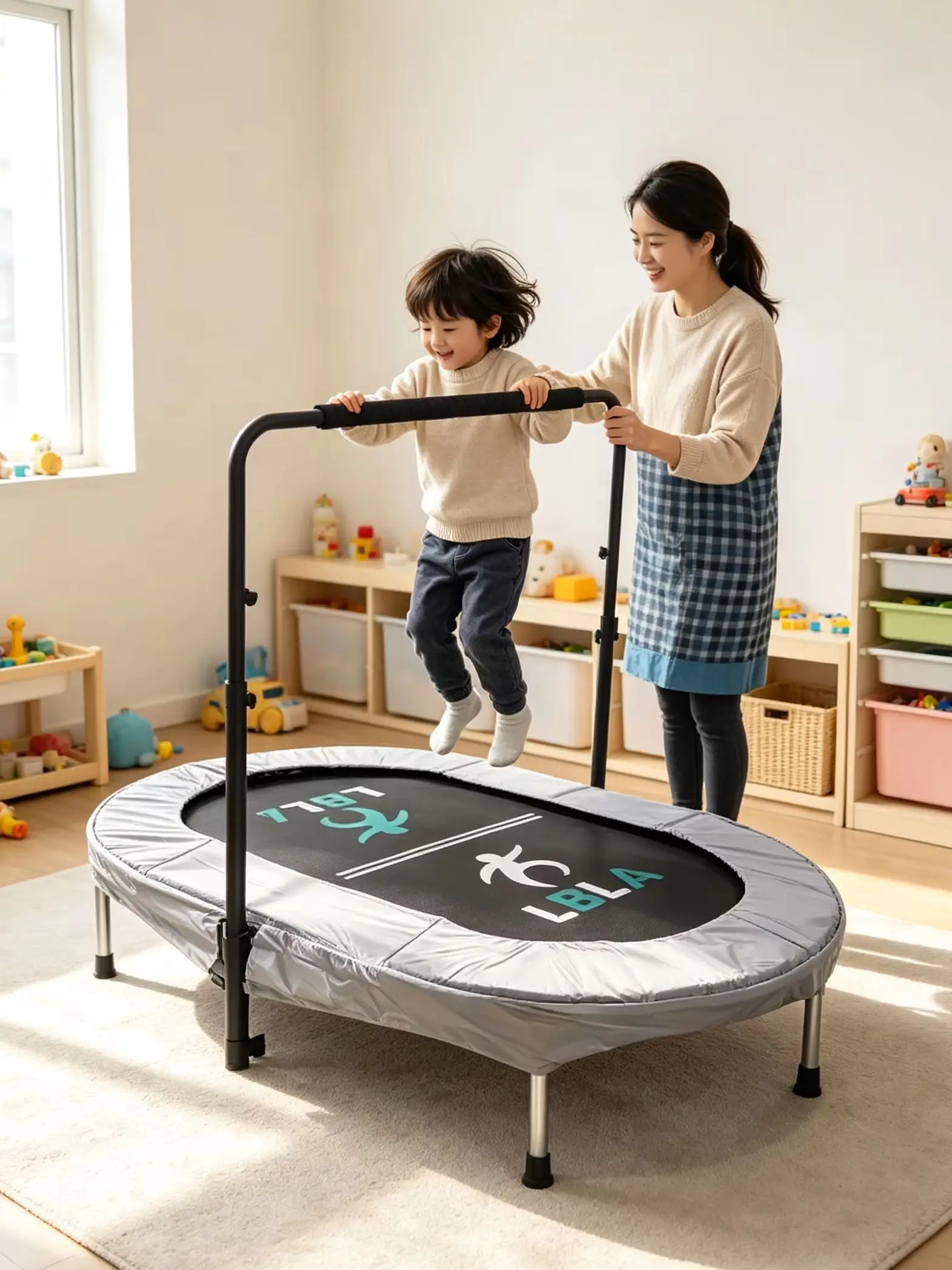 Kids Trampoline with Non‑slip Handrail Gray Safety Pad Indoor Parent‑child Fitness Jumping Equipment