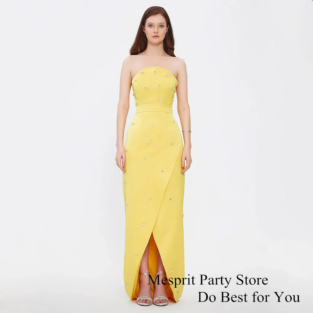 

Yellow Satin Prom Dress Strapless Sleeveless Stone Crystal Floor Length Front Slit Straight Evening Gown Dubai Party Dresses