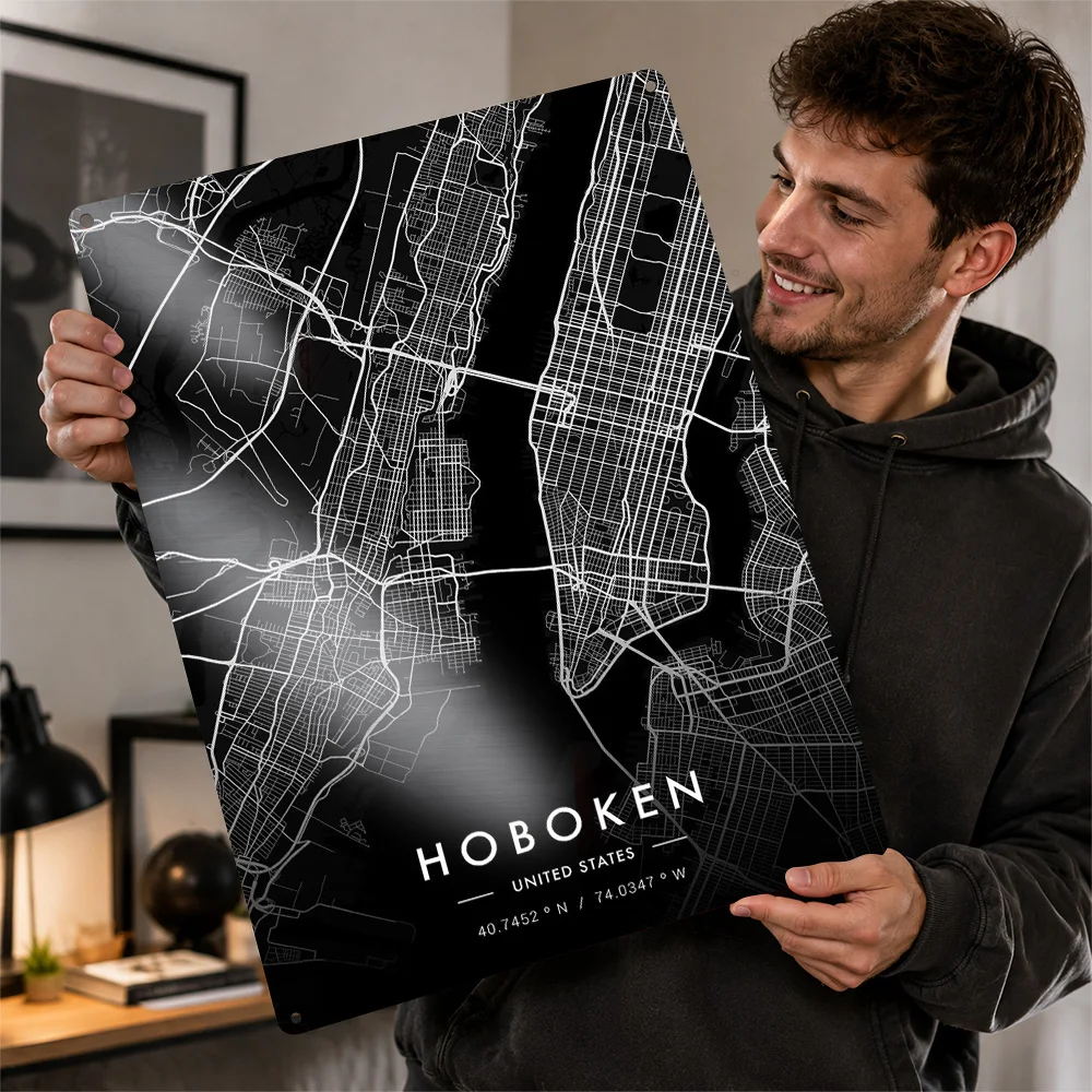Hoboken City Map Dark Printed Poster Customized Metal Sign Midnight Street Design Wall Art Made For Geography Fans In Entryway
