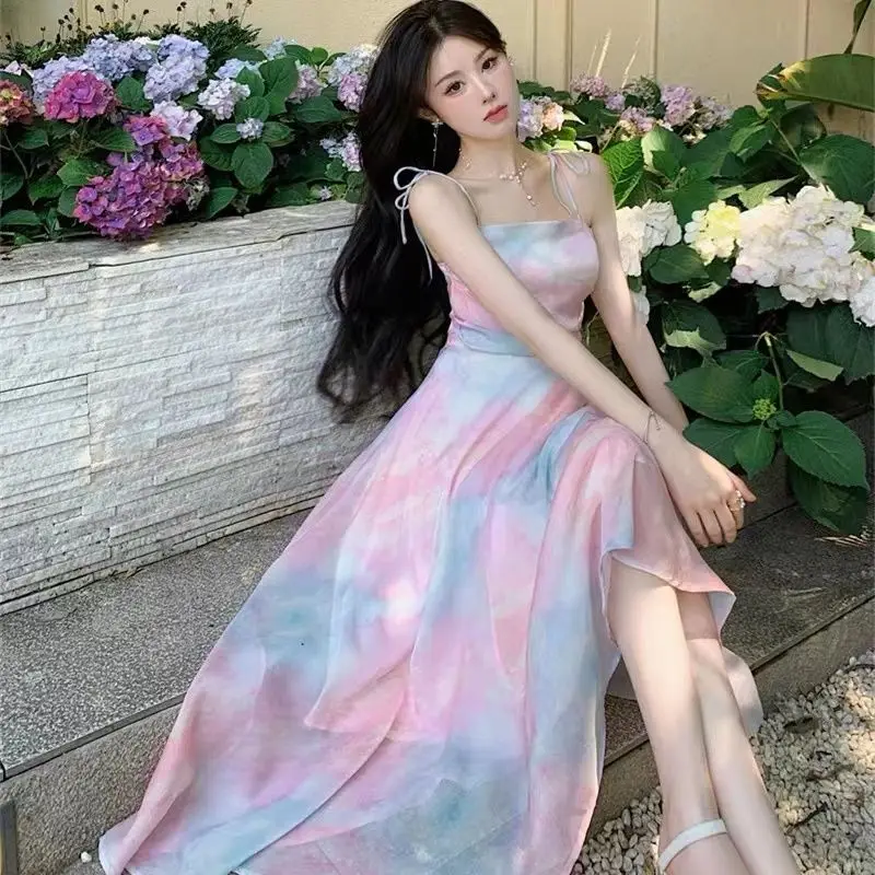 

Women's Summer Gradient Dress 2023 Bohemian Fairy Long Spaghetti Strap Pink Dresses Travel Evening Party Graceful Gown Female