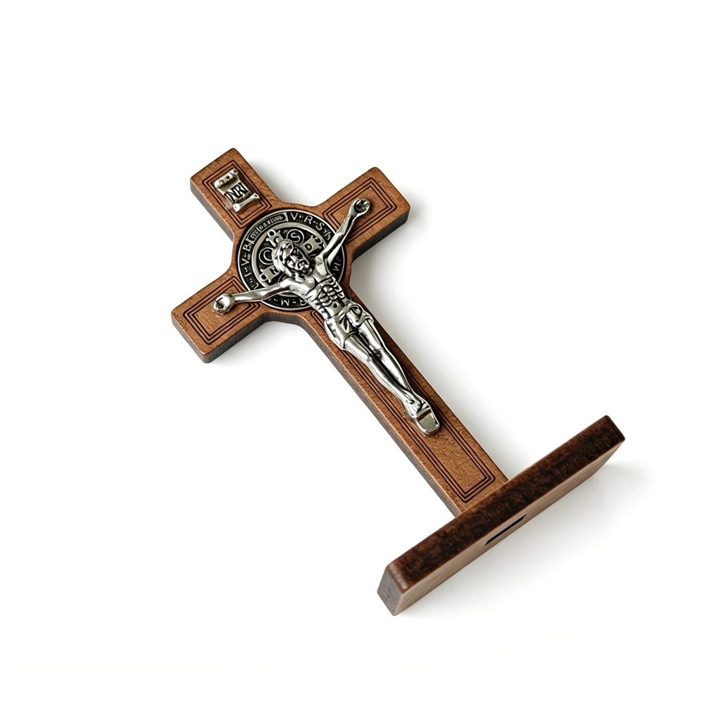St Benedict Standing Crucifix Wooden Cross With Base Jesus Christ Statue Catholic Religious Ornament Church Home Decor Christian view 2